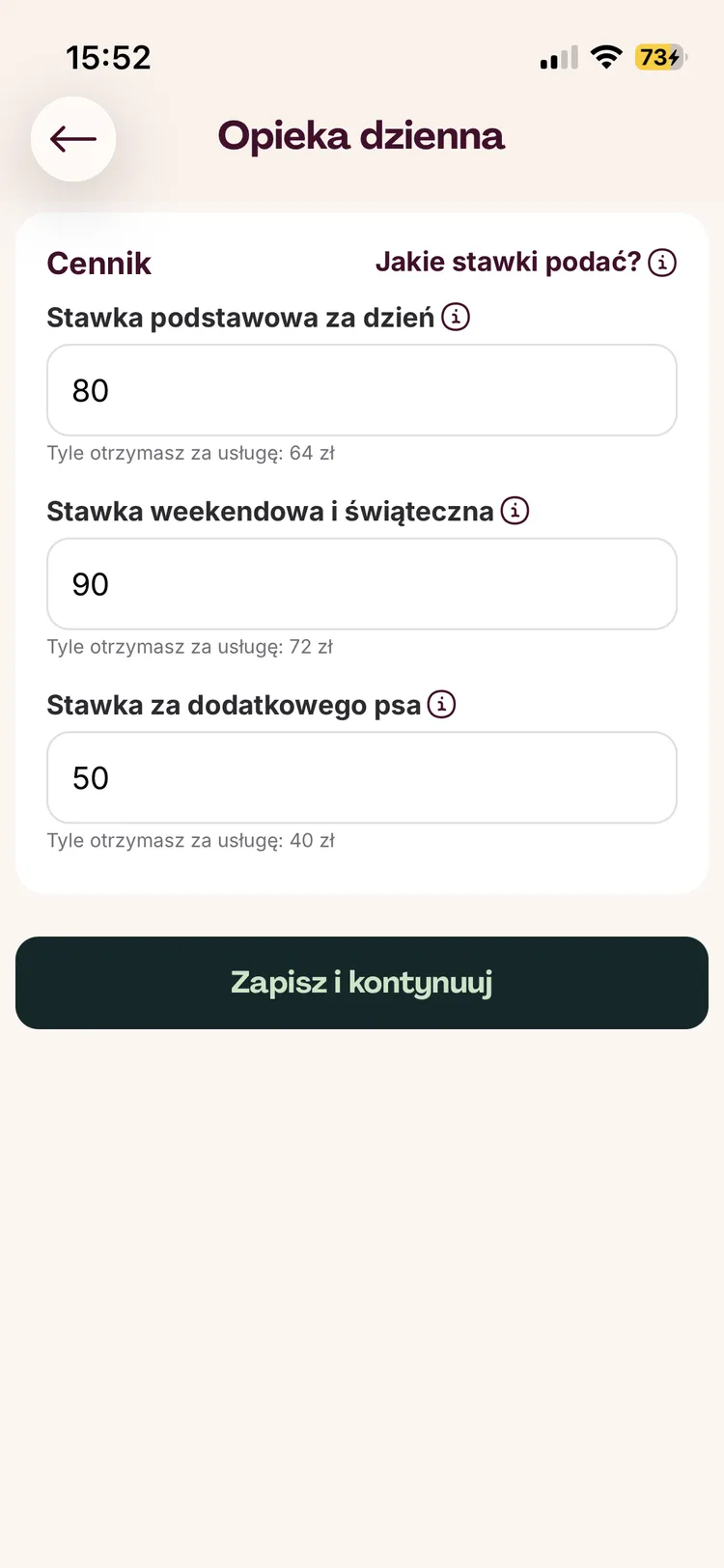 Ekran cennika opieki dziennej na Petsy ze stawką podstawową za dzień, weekendową i świąteczną oraz za dodatkowego psa