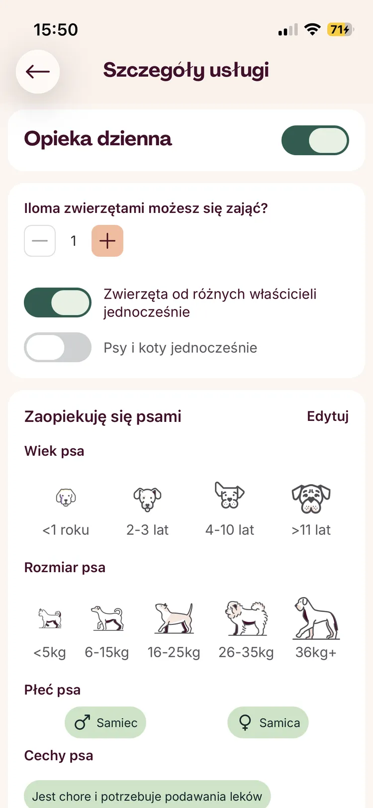 Ekran szczegółów usługi opieki dziennej na Petsy z ustawieniem liczby zwierząt oraz preferencji dotyczących psów